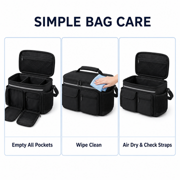 Care instructions for mobility storage bag: empty all pockets, wipe clean with cloth, and air dry