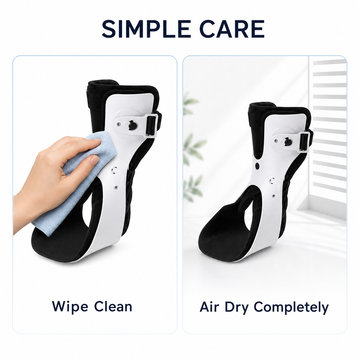 Care instructions for white ankle brace showing wipe clean with cloth and air dry completely