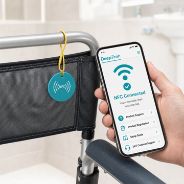 Hand holding a smartphone with an NFC Connected screen next to the NFC tag on the chair's backrest