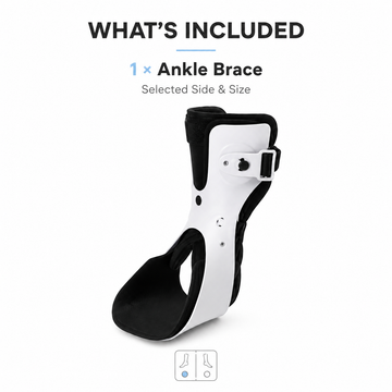 Package contents view displaying one unit of white dial-adjustable ankle brace