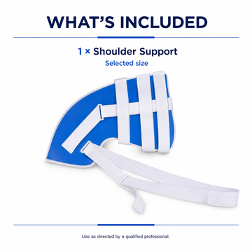Package contents view displaying one unit of blue shoulder support brace
