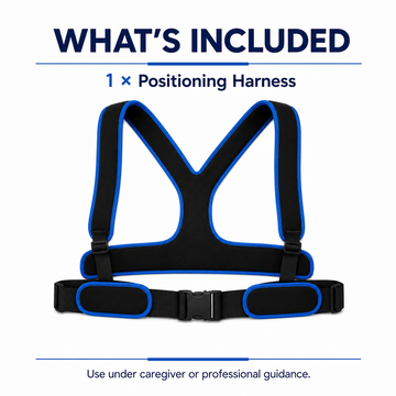 Package contents diagram showing one unit of wheelchair positioning harness