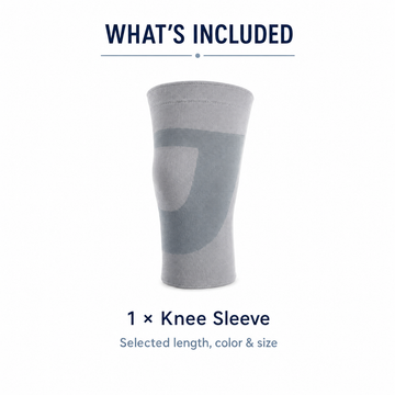 Package contents view showing one unit of grey lightweight knit knee sleeve