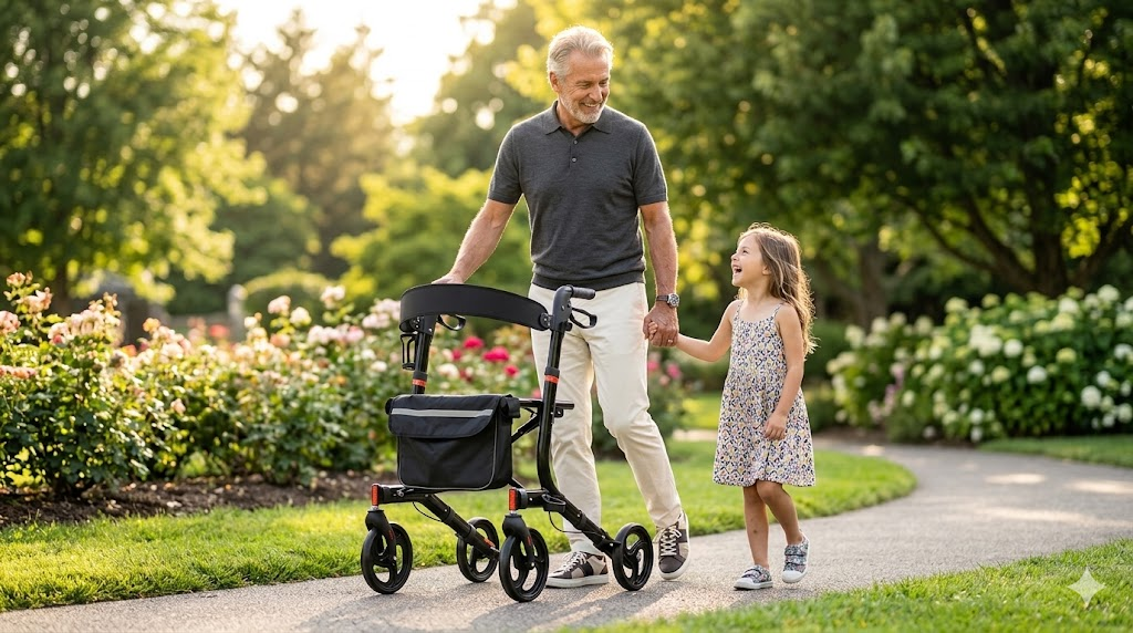 An older adult walking with a rollator outdoors