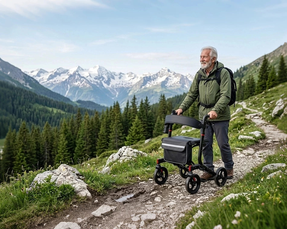 An older adult using a DeepTireh rollator on an outdoor path