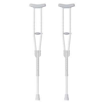 Pair of gray aluminum underarm crutches with comfort pads and rubber tips on white background
