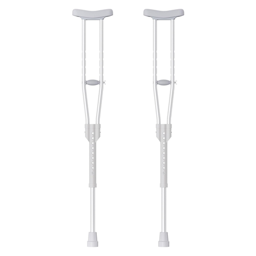 Pair of gray aluminum underarm crutches with comfort pads and rubber tips on white background