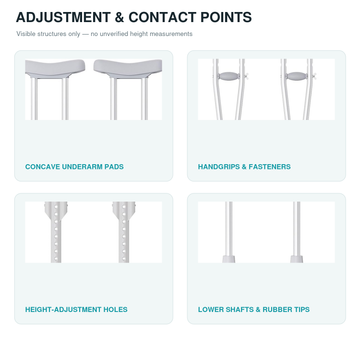 Adjustment and contact points graphic: underarm pads, handgrips, height-adjustment holes, and rubber tips