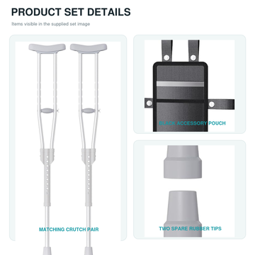 Product set details graphic: matching crutch pair, accessory pouch, and two spare rubber tips