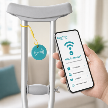 Hand holding a smartphone with an NFC Connected screen next to the NFC tag on a crutch