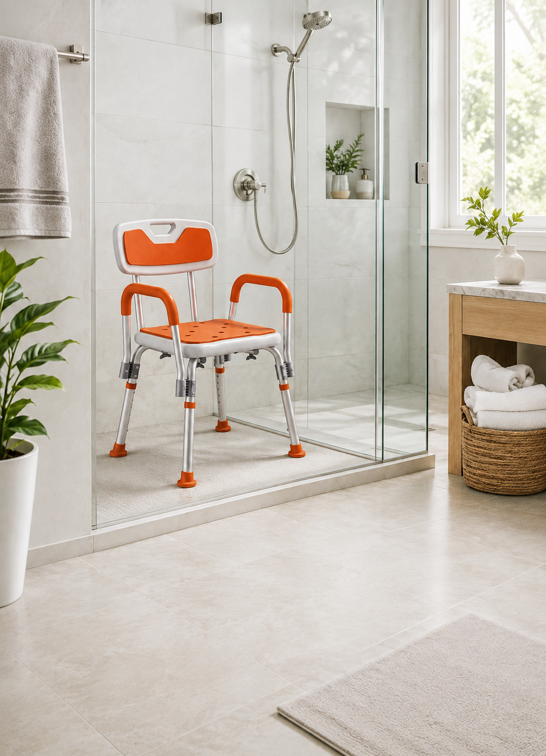 A shower chair in a bright bathroom