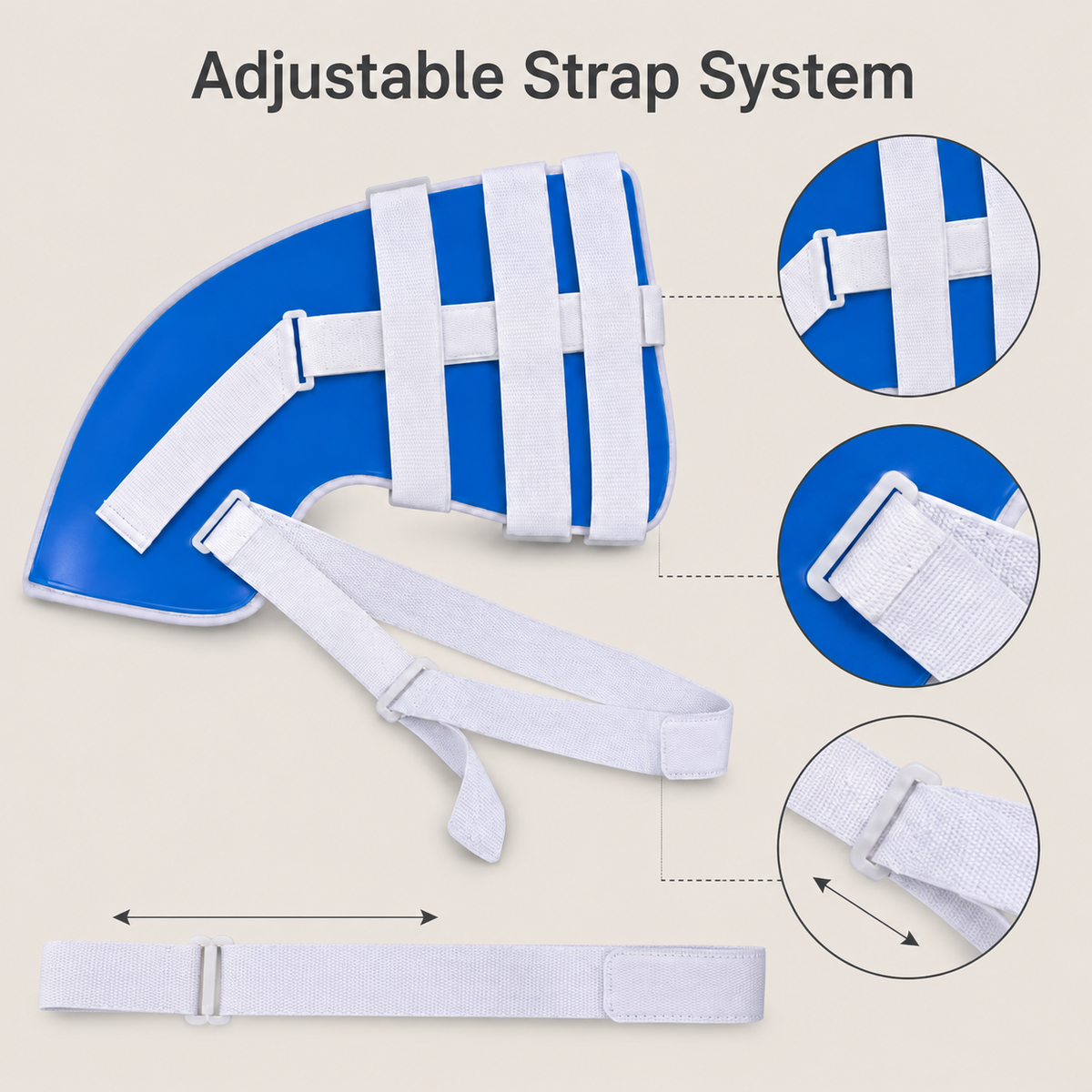 DeepTireh DT-A005 shoulder brace with close-up views of the adjustable white straps and buckles
