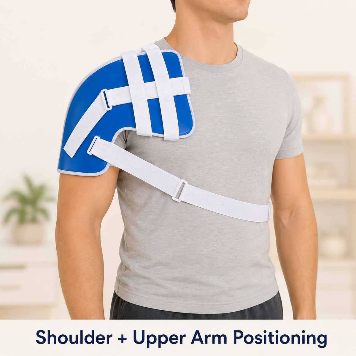 Man wearing the DeepTireh DT-A005 shoulder brace with the complete strap system positioned across the shoulder, upper arm, and torso