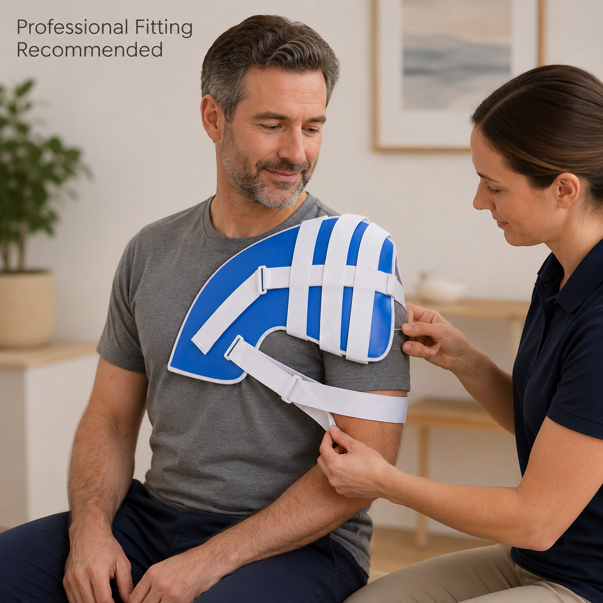 Healthcare professional adjusting the DeepTireh DT-A005 shoulder brace on a seated man