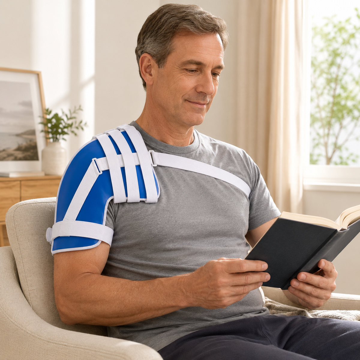 Man seated at home wearing the DeepTireh DT-A005 shoulder brace while reading a book