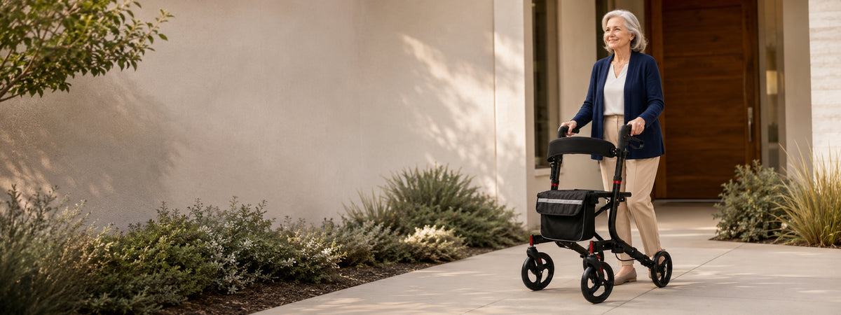 Older woman using a black rollator on a path outside a home