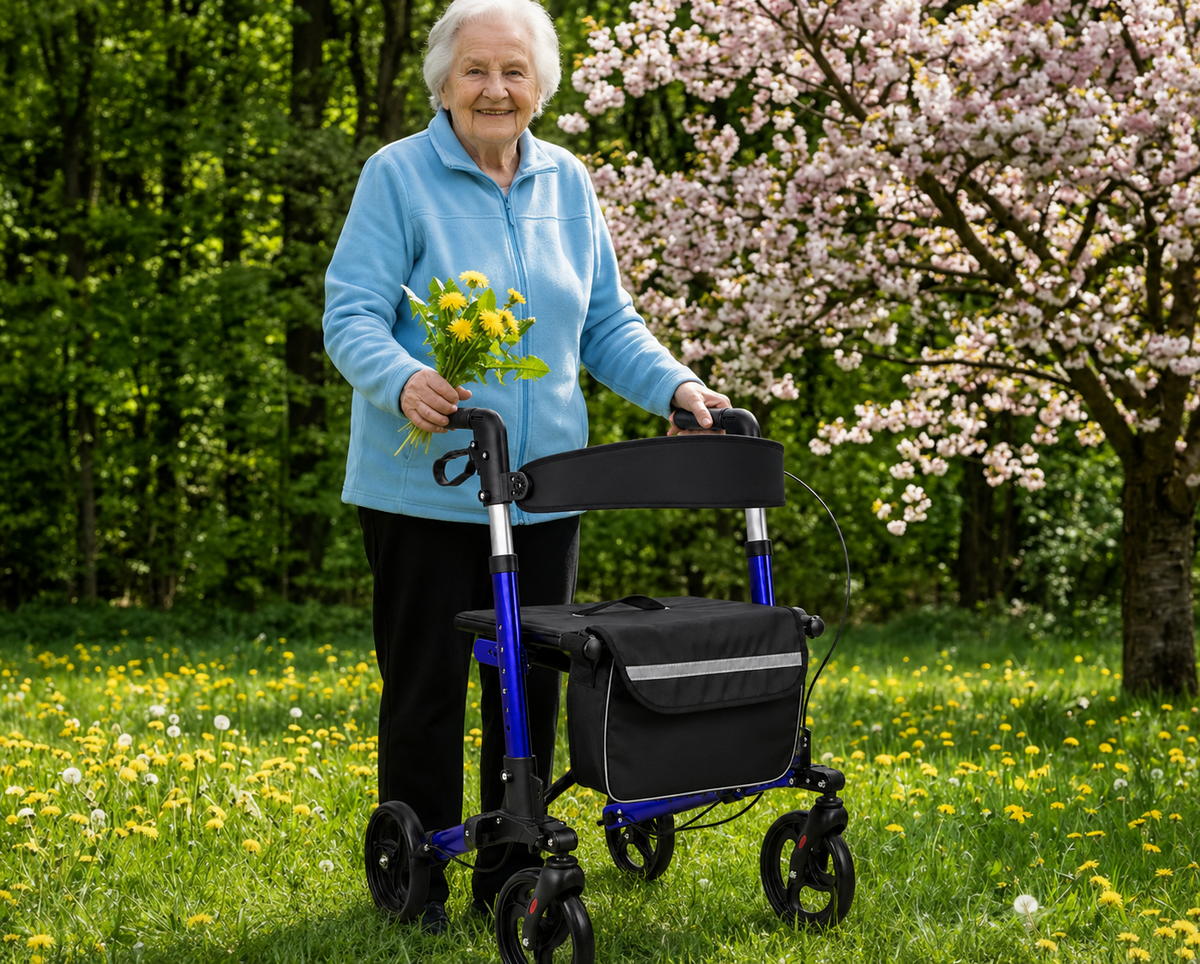 Older woman standing with a blue rollator in a flower garden
