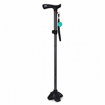 Freestanding cane fitted with a multi-point base and a DeepTireh NFC tag, standing upright