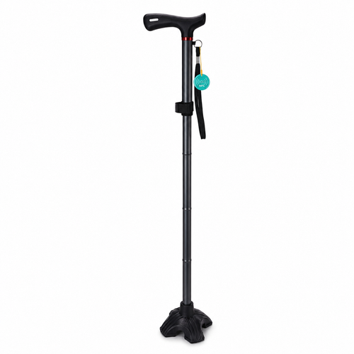 Freestanding cane fitted with a multi-point base and a DeepTireh NFC tag, standing upright
