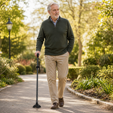 Senior man walking outdoors using the freestanding quad cane on a garden path