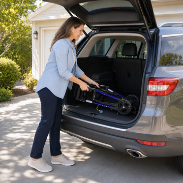 Woman loading the folded all-terrain rollator into a car trunk