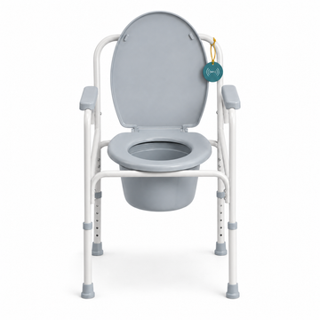 Front view of the bedside commode chair with lid raised and a DeepTireh NFC tag on the backrest