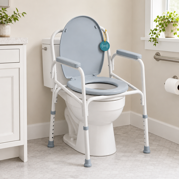 Bedside commode chair positioned over a standard toilet in a bathroom