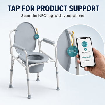 Tap-for-product-support graphic showing a phone scanning the DeepTireh NFC tag on the chair