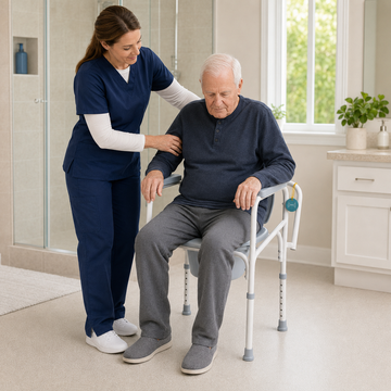 Caregiver assisting a senior man seated on the bedside commode chair in a bathroom