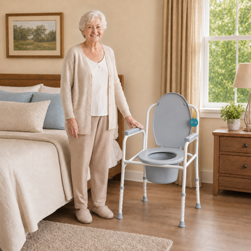 Senior woman standing next to the bedside commode chair placed beside a bed