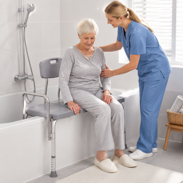 Caregiver assisting a senior woman seated on the transfer bench at the edge of a bathtub