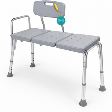 Bathtub transfer bench with a teal DeepTireh NFC tag attached to the backrest