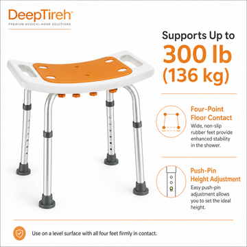 Specification infographic: supports up to 300 lb, four-point floor contact, push-pin height adjustment