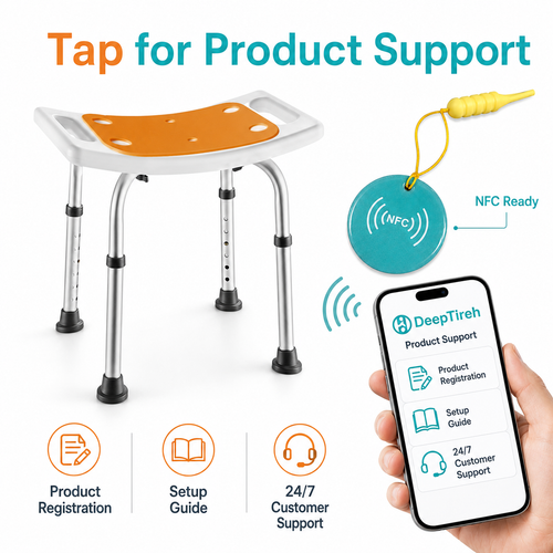Tap-for-product-support graphic showing an NFC tag and smartphone with the DeepTireh support screen