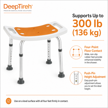 Specification infographic variant: supports up to 300 lb, four-point floor contact, push-pin height adjustment