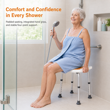Senior woman sitting on the shower stool holding a hand shower in a walk-in shower