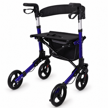 Rear angled view of the all-terrain rollator showing the seat and storage bag