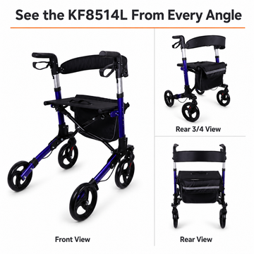 KF8514L multi-angle infographic with front, rear three-quarter, and rear views