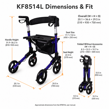 KF8514L dimensions and fit diagram with overall, folded, seat, and handle measurements