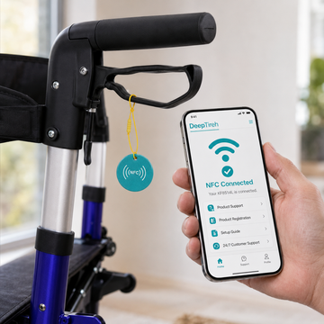 Hand holding a smartphone with an NFC Connected screen next to the rollator's NFC tag