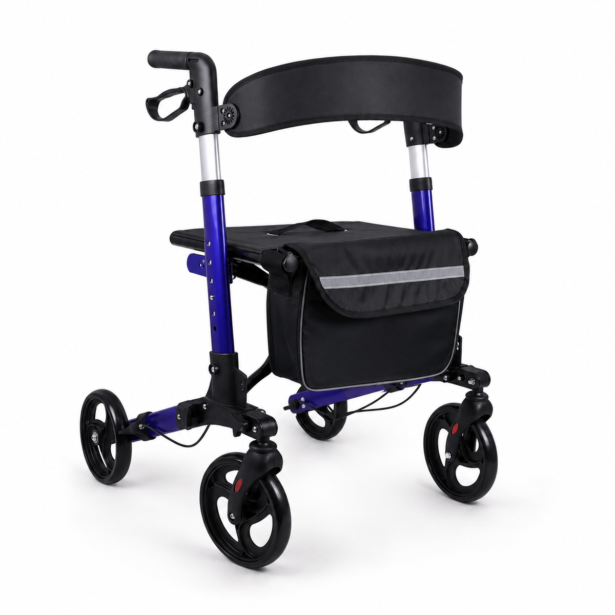 Blue and black all-terrain rollator walker with padded seat, backrest, and storage bag, angled view