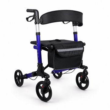 Blue and black all-terrain rollator walker with padded seat, backrest, and storage bag, angled view