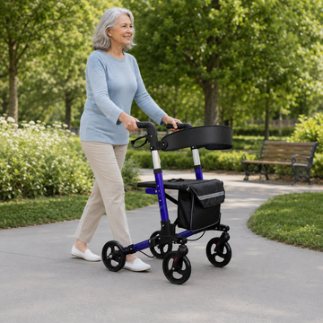 Senior woman walking with the all-terrain rollator on an outdoor path