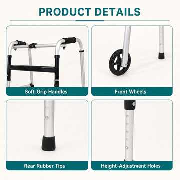 Product details graphic: soft-grip handles, front wheels, rear rubber tips, and height-adjustment holes