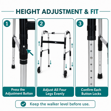 Height adjustment guide in three steps for setting all four legs evenly