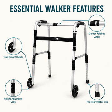 Essential walker features diagram labeling folding latch, front wheels, adjustable legs, and rear rubber tips
