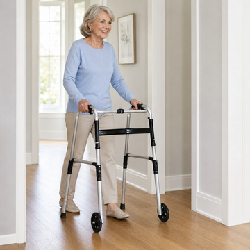 Senior woman walking indoors with the two-wheel gliding walker