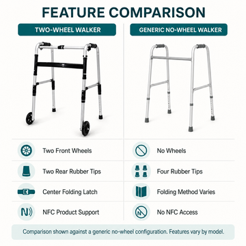 Feature comparison chart of the two-wheel walker versus a generic no-wheel walker