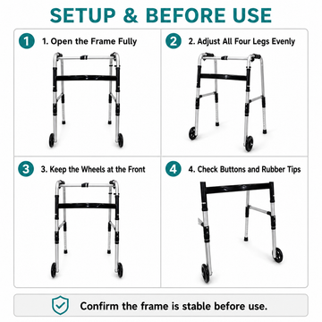 Setup guide in four steps: open frame, adjust legs, keep wheels at front, check buttons and rubber tips