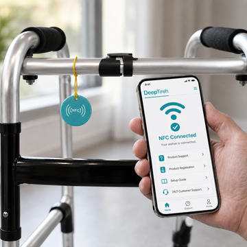 Hand holding a smartphone with an NFC Connected screen next to the NFC tag on the walker frame